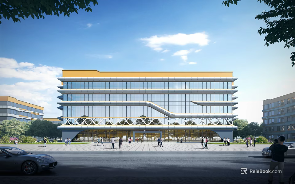 Modern School Building With Large Glass Facade Yellow Roof Front Plaza People Walking Surrounding Trees 3d model 