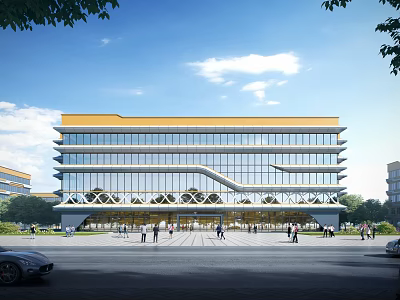Modern School Building With Large Glass Facade Yellow Roof Front Plaza People Walking Surrounding Trees 3d model