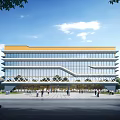 Modern School Building With Large Glass Facade Yellow Roof Front Plaza People Walking Surrounding Trees