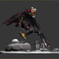 Fantasy Armored Character Riding Giant Eagle On Snowy Base With Rocks And Red Flag