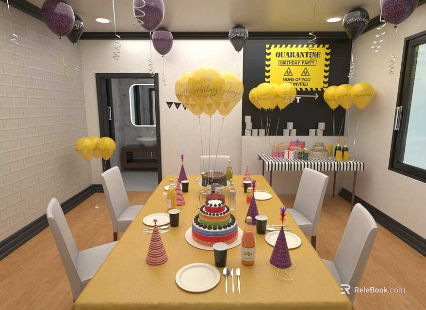 Colorful Birthday Party Setup With Yellow Balloons Cake Hats And Caution Sign 3d model 