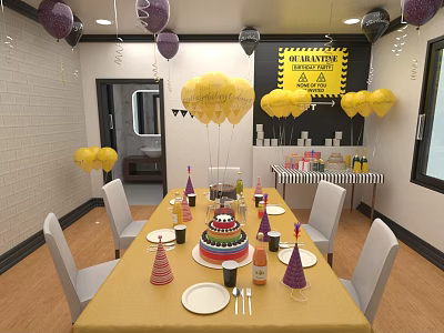 Colorful Birthday Party Setup With Yellow Balloons Cake Hats And Caution Sign 3d model