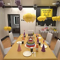 Colorful Birthday Party Setup With Yellow Balloons Cake Hats And Caution Sign