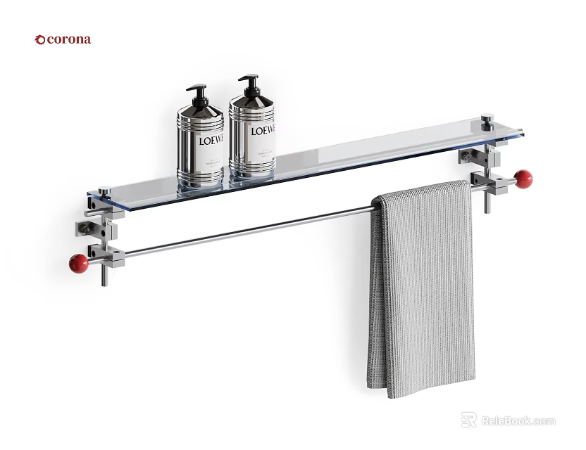 Wall Mounted Glass Shelf with Metal Frame Towel Bar and Red Knobs Holding Lotion Bottles 3d model 