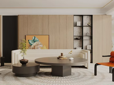 Elegant Modern Living Room Interior With Beige Sofa Round Coffee Table Patterned Rug And Artwork 3d model