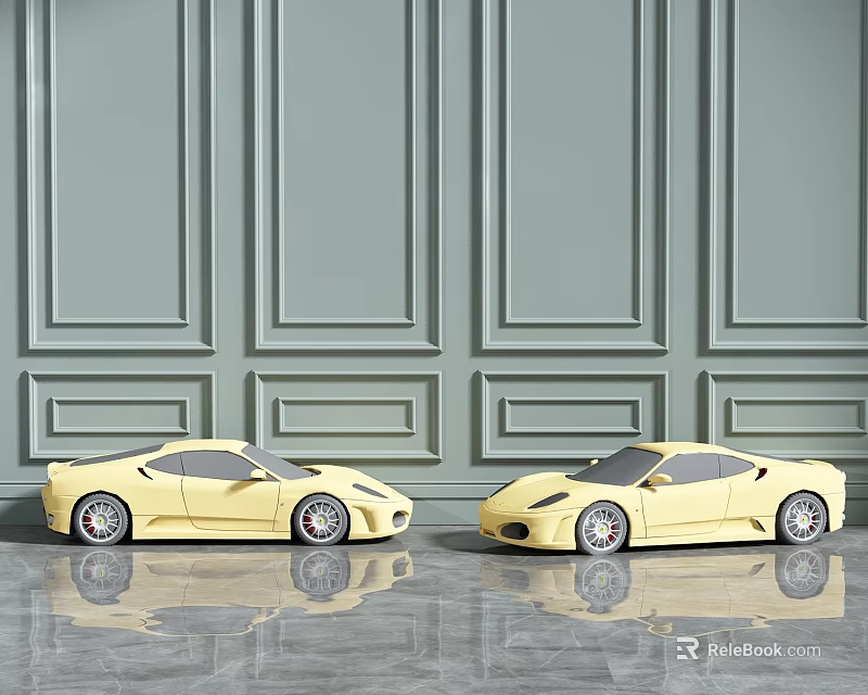 Electric Toy Two Yellow Sports Cars With Grey Wall And Shiny Floor 3d model 