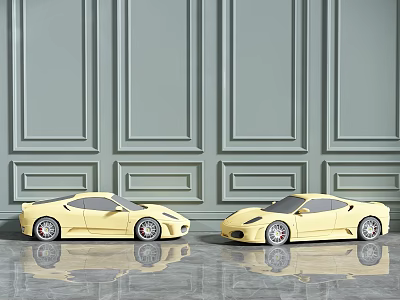 Electric Toy Two Yellow Sports Cars With Grey Wall And Shiny Floor 3d model