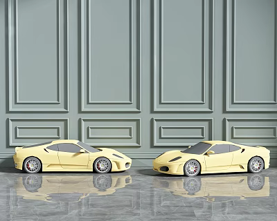 Electric Toy Two Yellow Sports Cars With Grey Wall And Shiny Floor 3d model