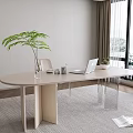 Light Colored Modern Desk With Laptop Potted Plant And Window View