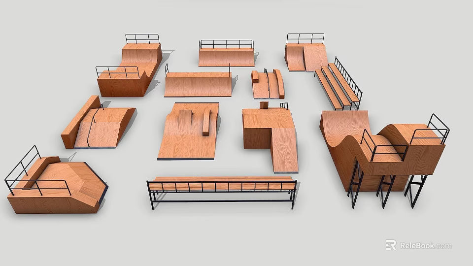 Variety of Wooden Skateboard Ramps Rails and Platforms for Skate Park 3d model 