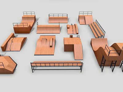 Variety of Wooden Skateboard Ramps Rails and Platforms for Skate Park 3d model