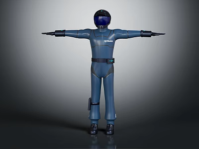 Humanoid Character In Blue Uniform With Helmet Standing Arms Outstretched On Gray Background 3d model