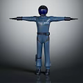 Humanoid Character In Blue Uniform With Helmet Standing Arms Outstretched On Gray Background