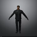 Male Figure Wearing Black Leather Jacket Pants Gloves Standing With Arms Outstretched On Gray Background
