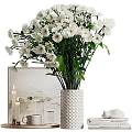 Stylish Ornamental Decorative Set With White Bouquet Textured Vase Frame Candles Glassware Books And Sculpture