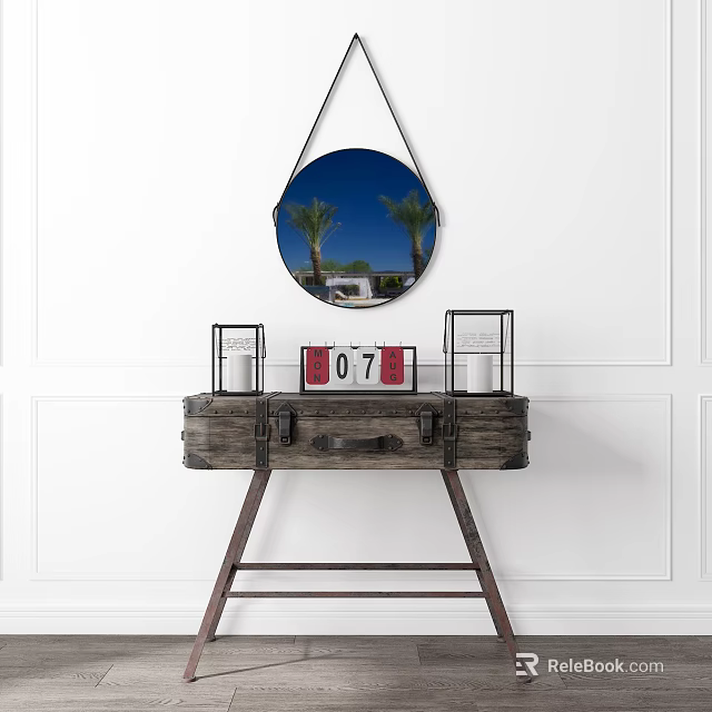 Rustic Wooden Entryway Console Table With Round Mirror Date Sign And Decorative Candles 3d model 