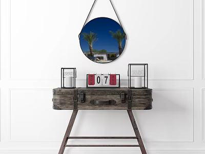 Rustic Wooden Entryway Console Table With Round Mirror Date Sign And Decorative Candles 3d model