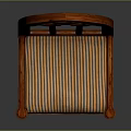 Wooden Leisure Chair With Carved Design Pointed Arch Backrest Armrests And Striped Seat