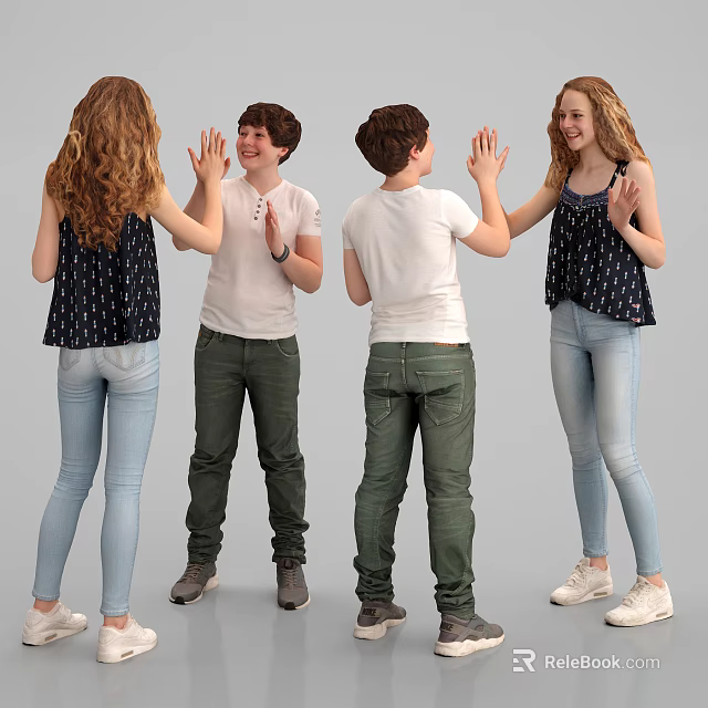 Kids High Fiving In Casual Group Activity With T Shirts And Jeans 3d model 