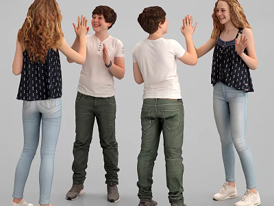 Kids High Fiving In Casual Group Activity With T Shirts And Jeans 3d model