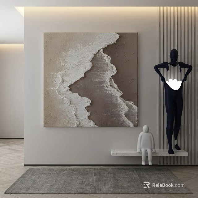 Abstract Painting With Beige Brown Texture In Modern Interior With Black White Sculptures 3d model 