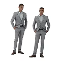 Two Men Standing in Gray Suits with Hands in Pockets on White Background 3d model