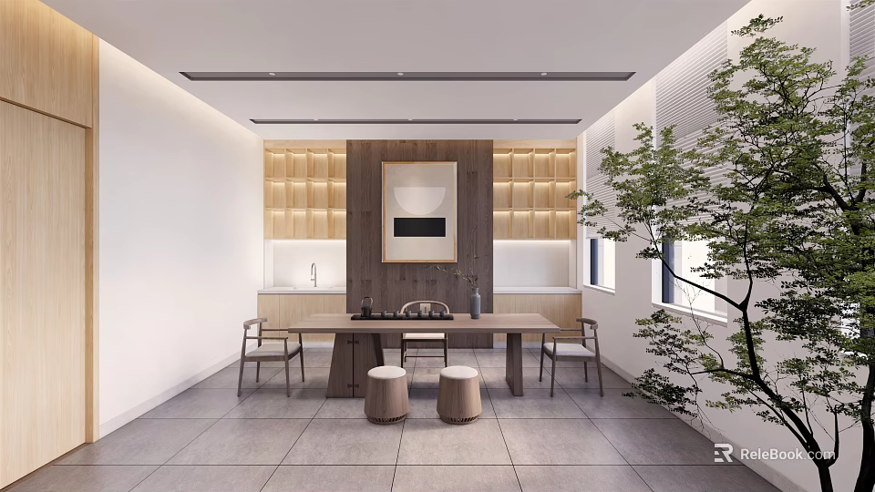 Modern Minimalist Tea Room Interior With Wooden Table Chairs And Green Plants 3d model 