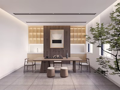 Modern Minimalist Tea Room Interior With Wooden Table Chairs And Green Plants 3d model