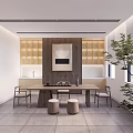 Modern Minimalist Tea Room Interior With Wooden Table Chairs And Green Plants