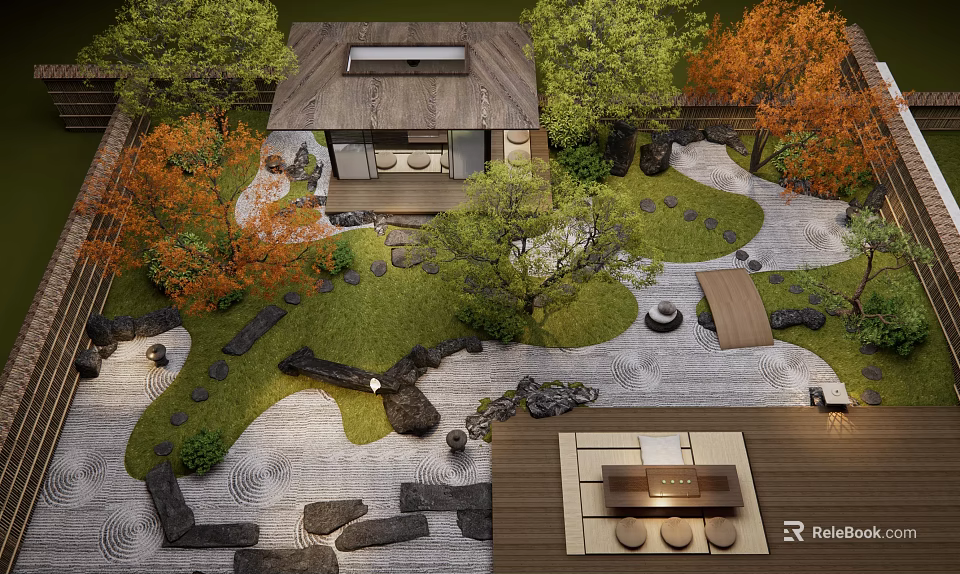 Japanese Zen Garden Design With Seasonal Trees Stone Pathways And Wooden Tea House 3d model 