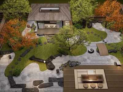 Japanese Zen Garden Design With Seasonal Trees Stone Pathways And Wooden Tea House 3d model