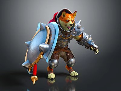 Brave Game Character Shiba Inu Warrior With Armor Red Cape And Blue Shield 3d model