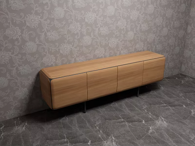 Modern Wooden TV Stand With Cabinets Metal Legs Against Patterned Wall And Marble Floor 3d model