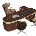 Modern Brown Office Desk With Laptop Desk Lamp And Three Modern Chairs