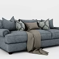 Comfortable Blue Three-Seater Sofa Featuring Patterned Pillows and Cozy Brown Blanket 3d model