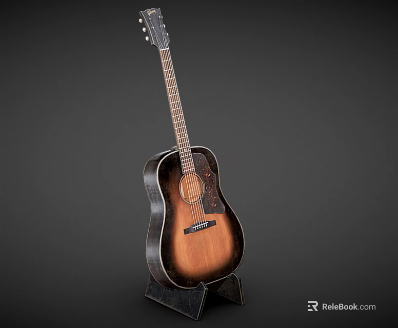 Classic Acoustic Guitar With Brown Sunburst Finish On Wooden Stand 3d model 