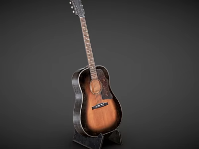 Classic Acoustic Guitar With Brown Sunburst Finish On Wooden Stand 3d model