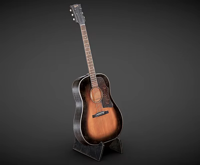 Classic Acoustic Guitar With Brown Sunburst Finish On Wooden Stand 3d model