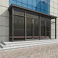 Modern Glass Entrance Door With Black Frame Awning Steps And Light Colored Facade
