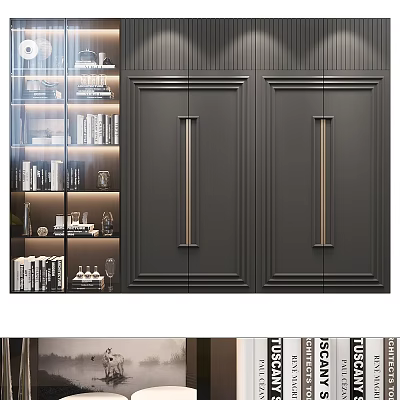 Modern Black Bookcase Interior Design With Metal Handles And Open Shelves For Books 3d model
