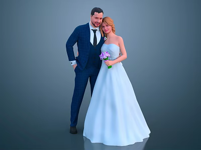 Wedding Couple Bride In White Gown And Groom In Suit With Bouquet 3d model