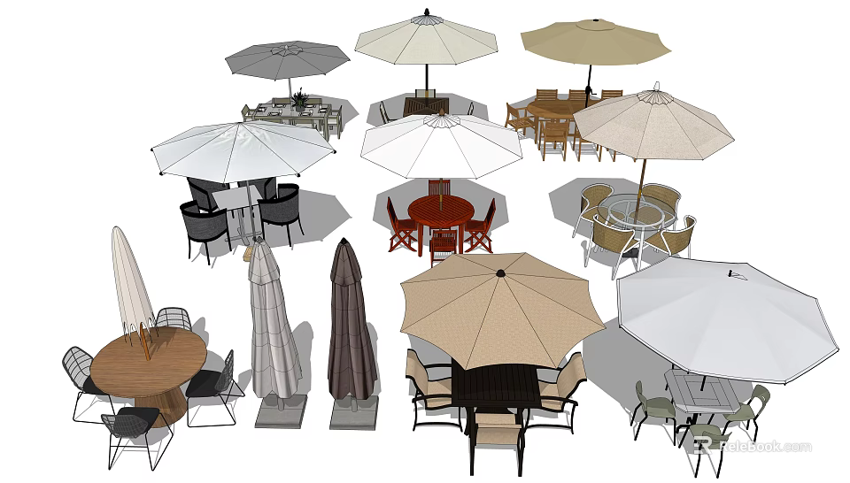 Outdoor Table And Chair Sets With Various Umbrellas And Different Designs 3d model