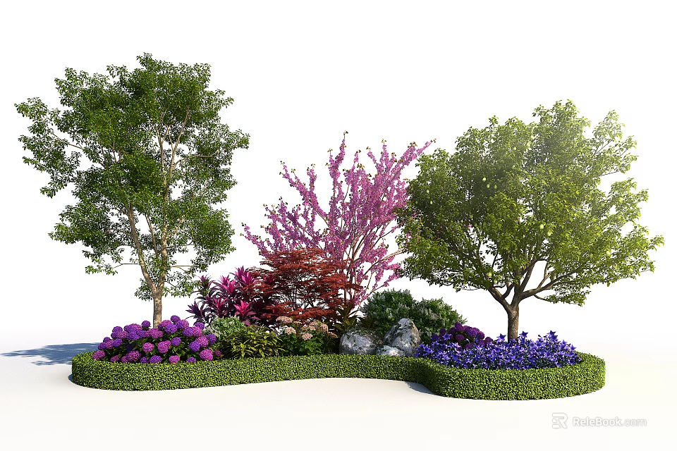Beautiful Floral Garden With Colorful Flowers Green Trees And Red Shrubs 3d model 
