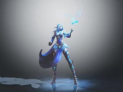 Female Warrior in Blue Armor Wielding Glowing Blue Magic Orb with Magical Effects 3d model
