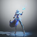Female Warrior in Blue Armor Wielding Glowing Blue Magic Orb with Magical Effects
