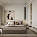 Minimalist Bedroom Interior With Beige Bed Headboard Decorative Artwork Floor Lamp And Curtains
