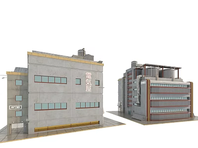 Two Cartoon Style Dormitory Buildings Featuring Gray Brown Exteriors Windows And Roof Structures 3d model