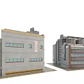 Two Cartoon Style Dormitory Buildings Featuring Gray Brown Exteriors Windows And Roof Structures
