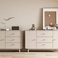 Minimalist Entryway Cabinet And Side Cabinet Design With Light-colored Drawers Golden Handles And Decorative Items