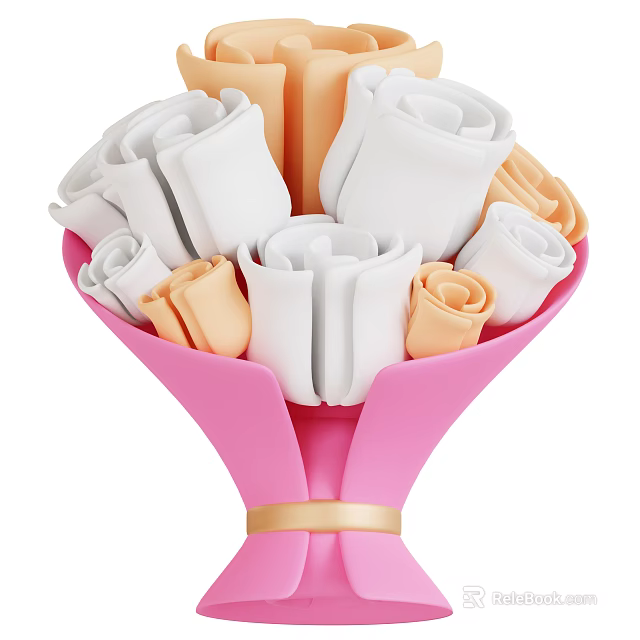 Elegant Rose Bouquet With White and Light Orange Roses in Pink Wrapping and Gold Ribbon 3d model 